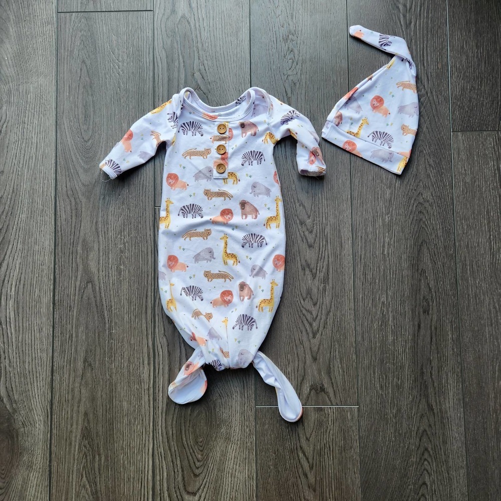 Caden Lane Safari Party Baby Knot Gown & Hat Set, 0-3 month